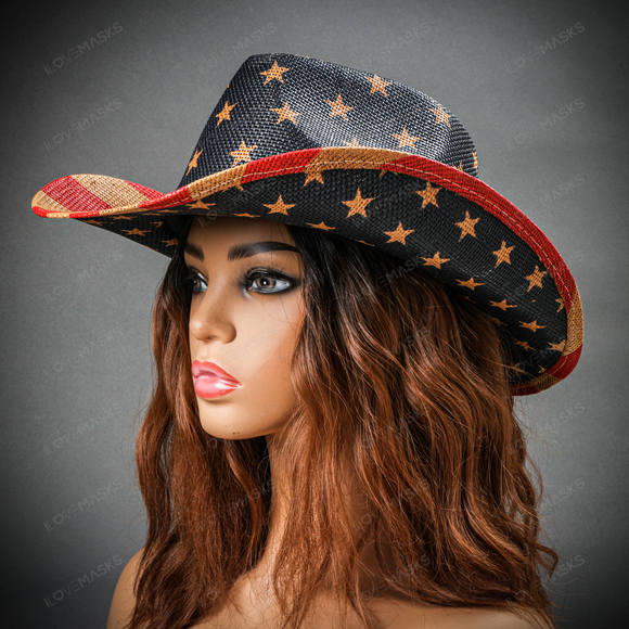 Cowboy USA Flag Curved Brim Party Hat - Blue Red - Picture 3 of 10